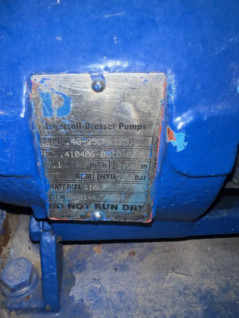 USED INGERSOLL-DRESSER PUMPS 40-25CPX125 7.1 m3h 316L CENTRIFUGAL PUMP