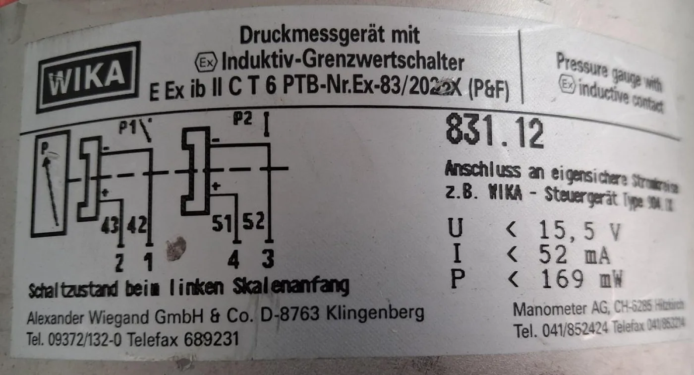 WIKA 831.12 Pressure Gauge -1 to +3 bar with Inductive Contact - 6