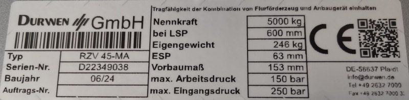 Zinkenverstellgerät Durwen RZV 45 B=1350 mm (2024)