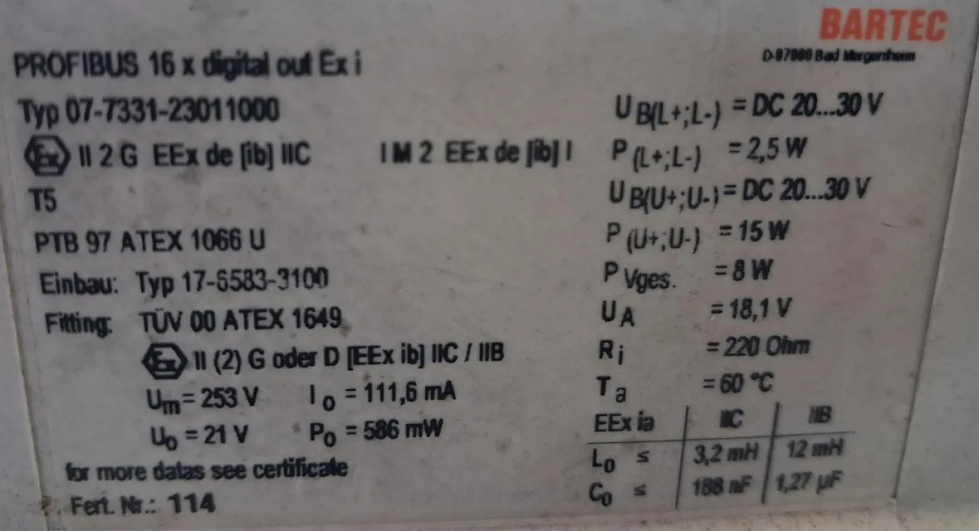 Bartec Modex PROFIBUS Modul mit DP-Adresse 34 digitales Ex-i Ausgangsmodul - 8