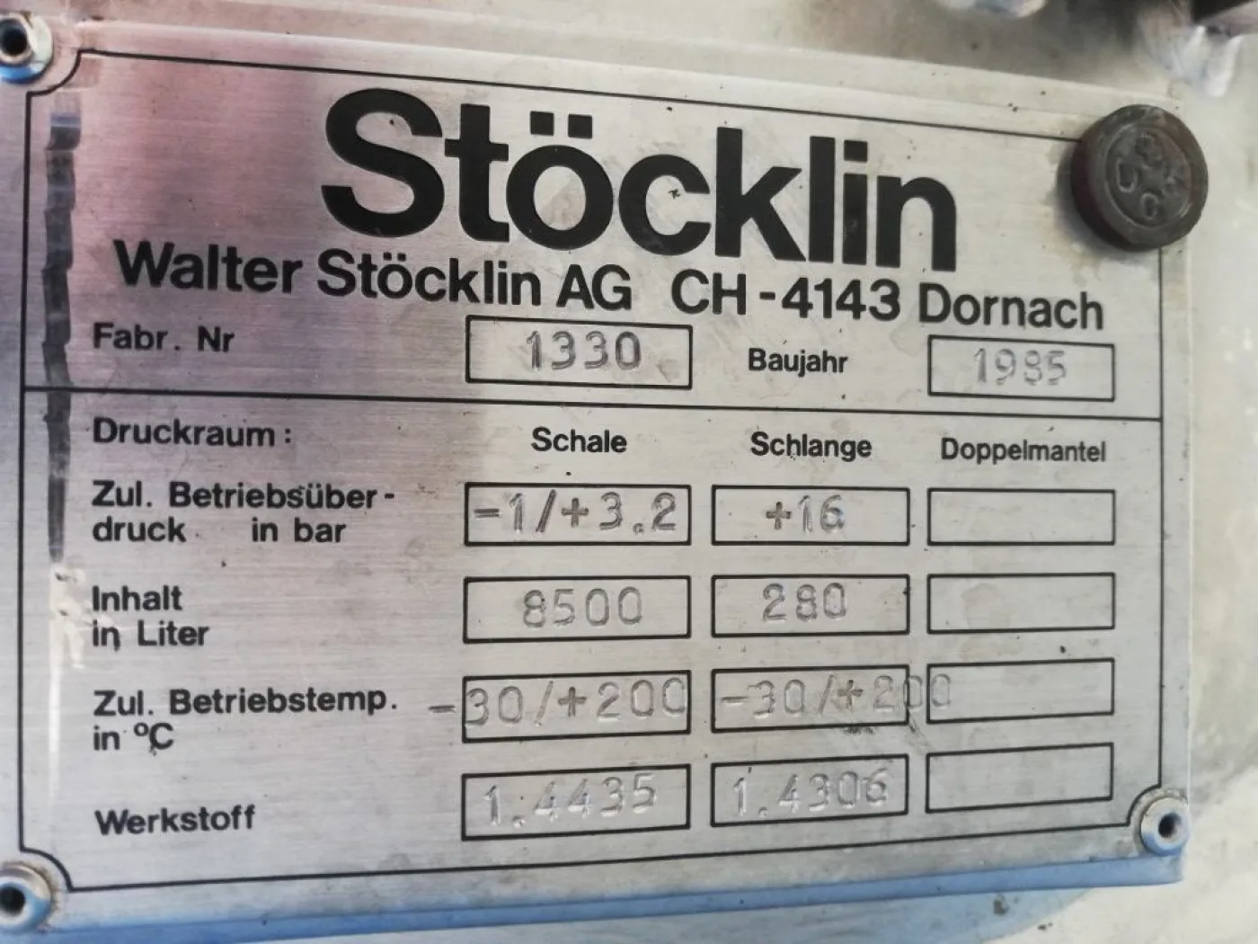 Stoecklin 6300 ltr - Stainless Steel Reactor - 6
