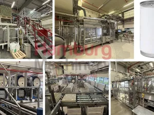 Complete can filling and closing line for liquids (nutrition) in 250 gram aluminium cans