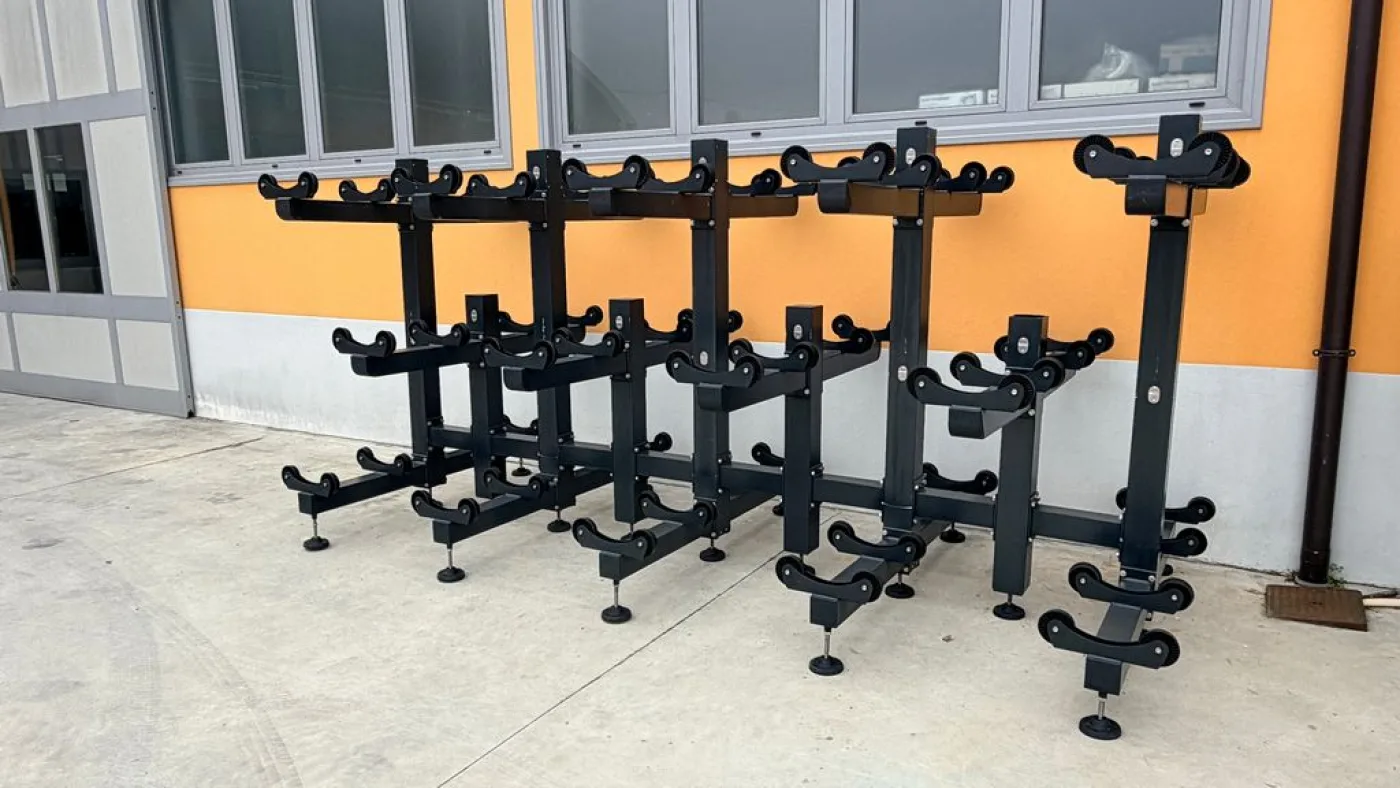?BOTTISTOP” 28-SLOT PAINTED ALUMINIUM BARRIQUE SUPPORT , USED EQUIPMENT - 8