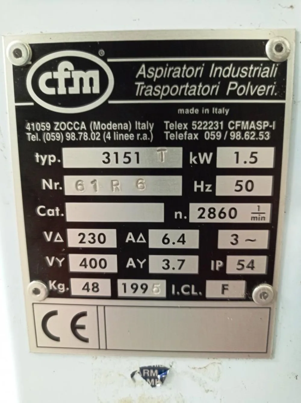 ASPIRATORE INDUSTRIALE PER POLVERI – CFM – MOD. 3151 T