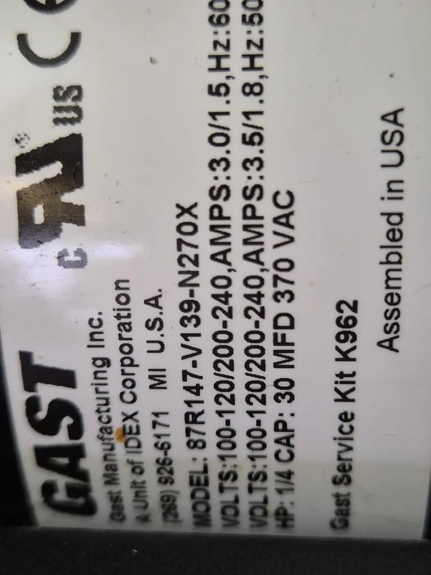 Biotek Instruments Gast 7103034 Vacuum Pump 2 - 5