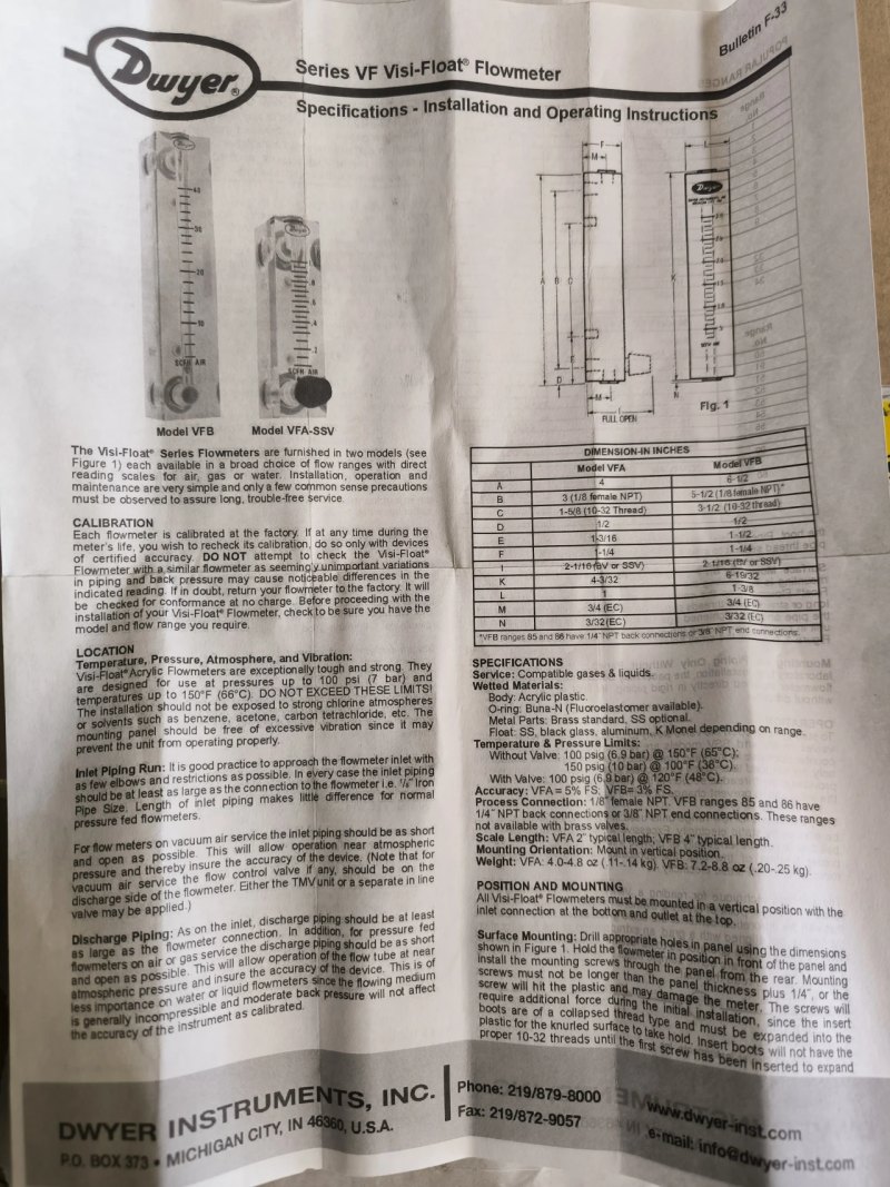 AIR FLOW METER DWYER VISI-FLOAT VFB-53D-SSV