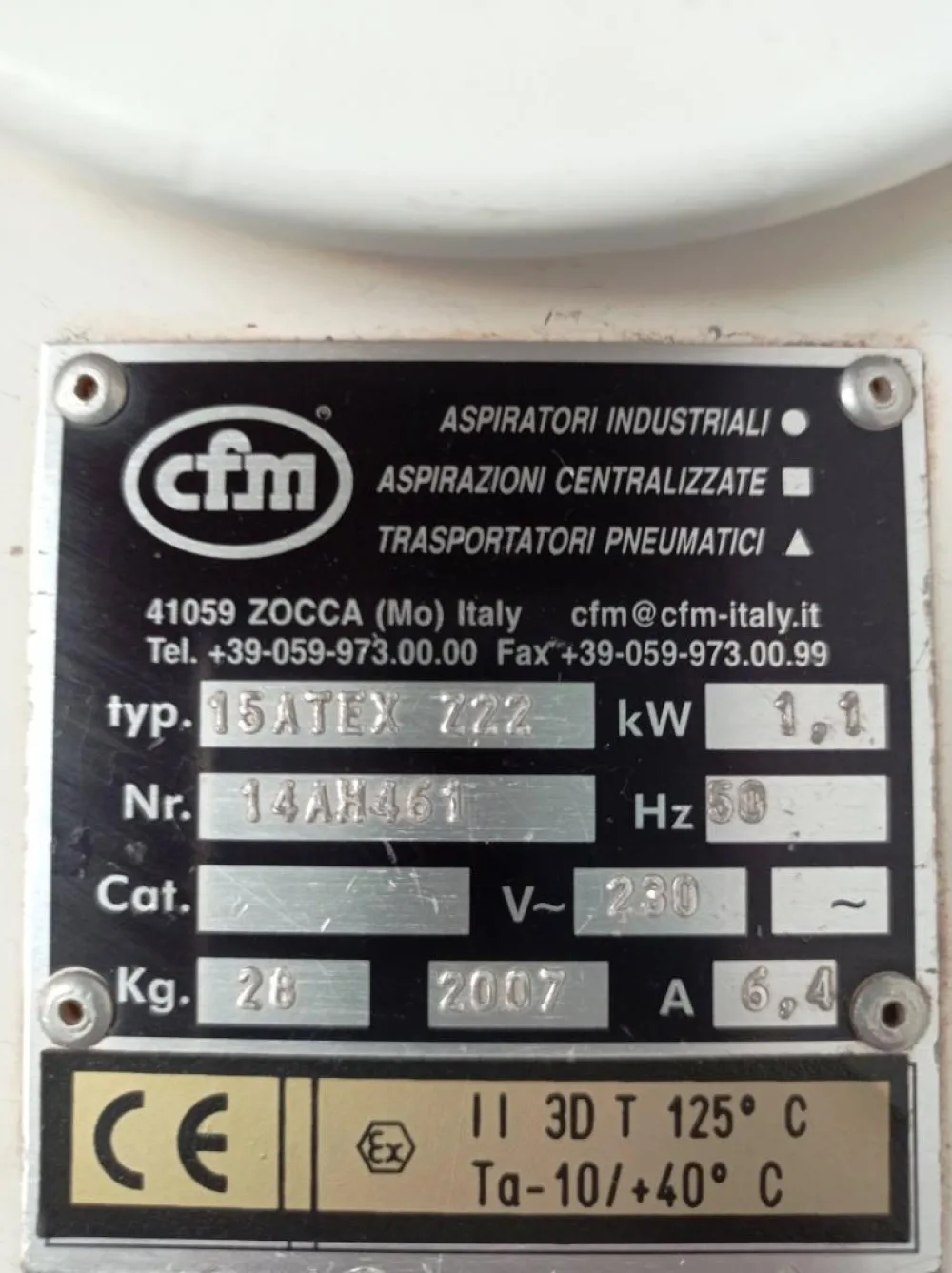 ASPIRATORE INDUSTRIALE – CFM – MOD. 15 ATEX Z22