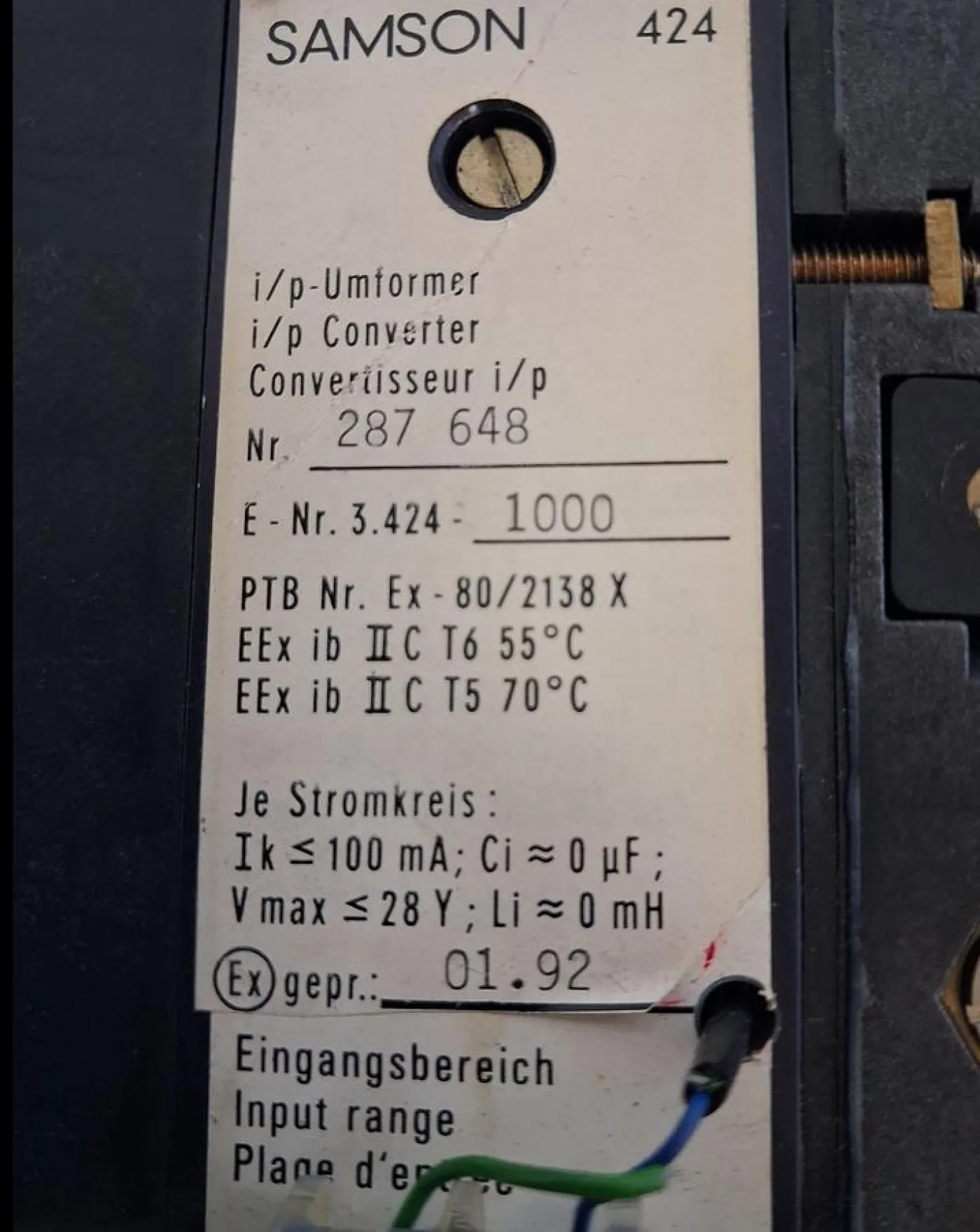 Samson 424 i/p Converter Typ 3424-1000 mit Reglerbaustein 3423-4 - 4