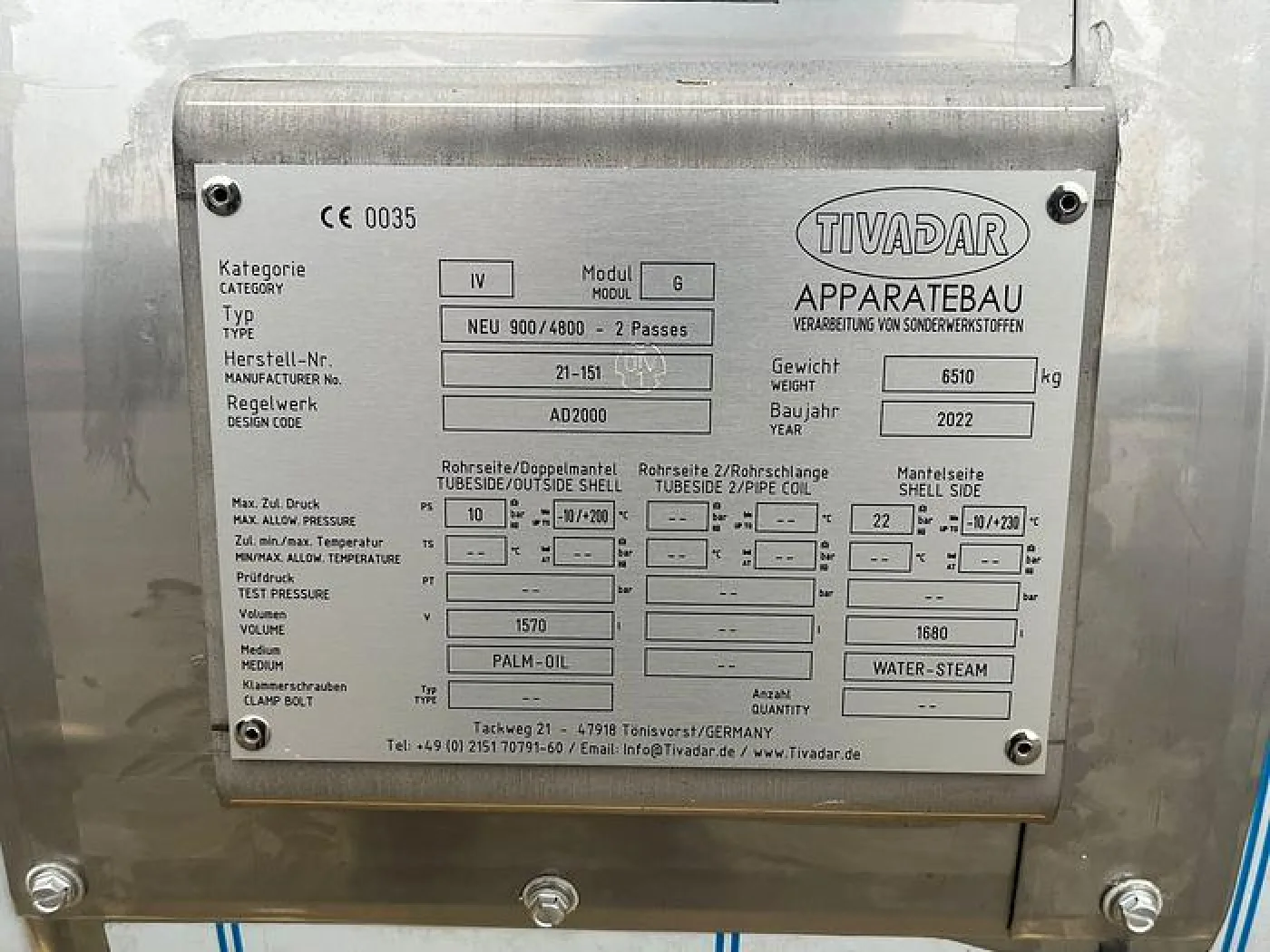 2022 Tivadar Warmtewisselaar neu 900/4800 - 2 passes - 7