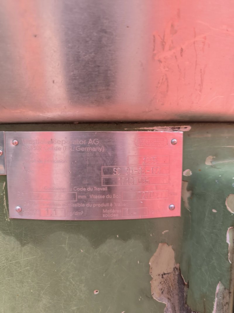 PLATE CENTRIFUGE WESTFALIA SC 35-36-177 WITH MONO PUMP