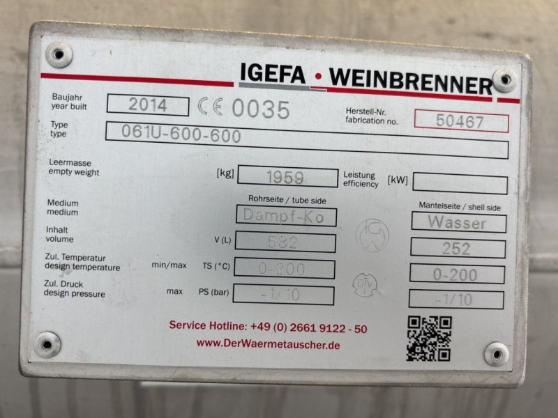 Igefa Weinbrenner 061U-600-600 - Shell and tube heat exchanger