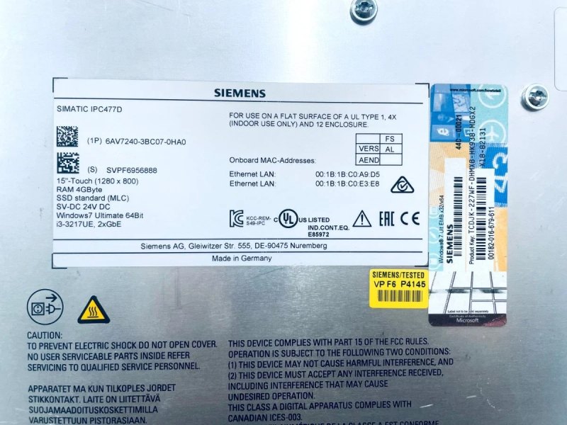 Siemens Panel 6AV7240-3BC07-0HA0 SIMATIC IPC477D