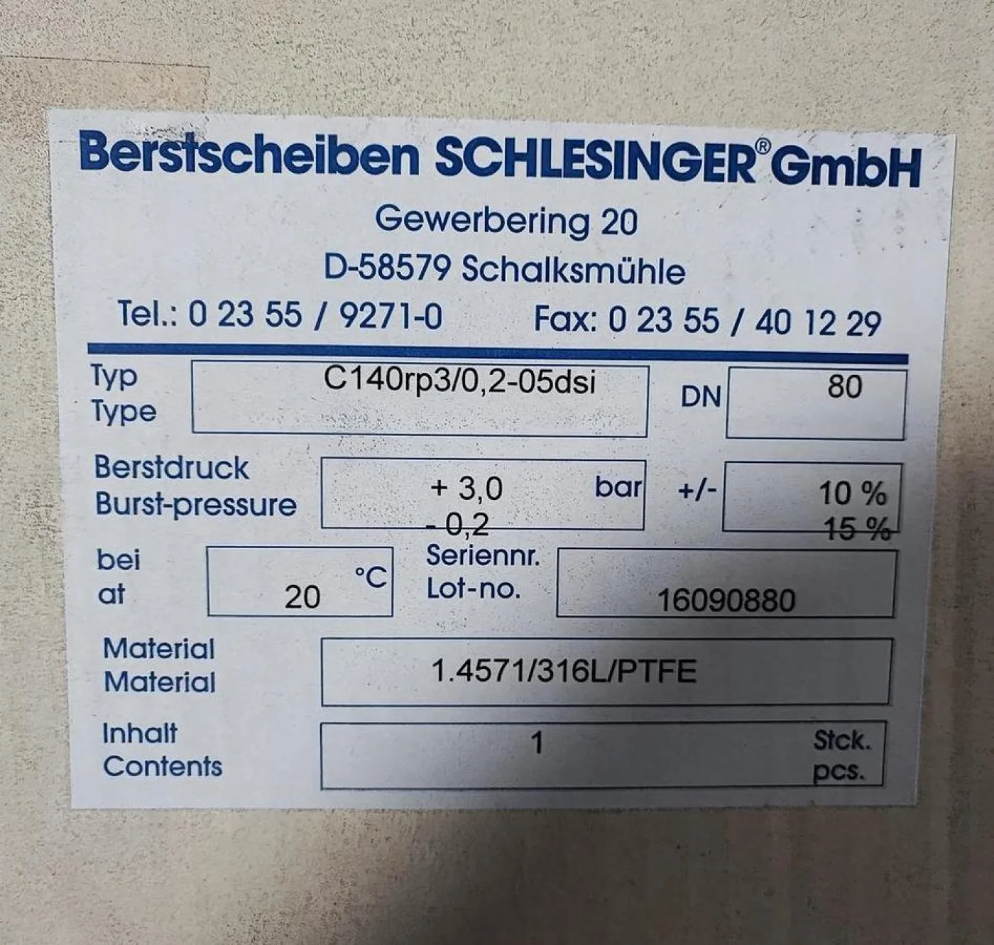 SCHLESINGER Berstscheiben C14Orp3/0,2-05dsi Berstdruck: +3,0 bar / -0,2 bar 1.4571/316L/PTFE DN80 - 1