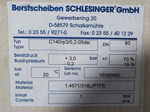 SCHLESINGER Berstscheiben C14Orp3/0,2-05dsi Berstdruck: +3,0 bar / -0,2 bar 1.4571/316L/PTFE DN80