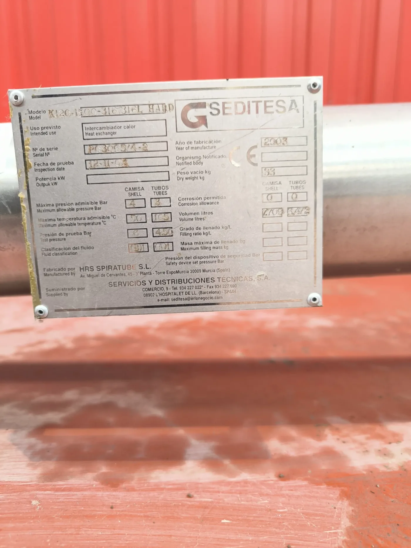 TUBULAR HEAT EXCHANGER STAINLESS STEEL SEDITESA K120-1500 0.8 m2 - 5