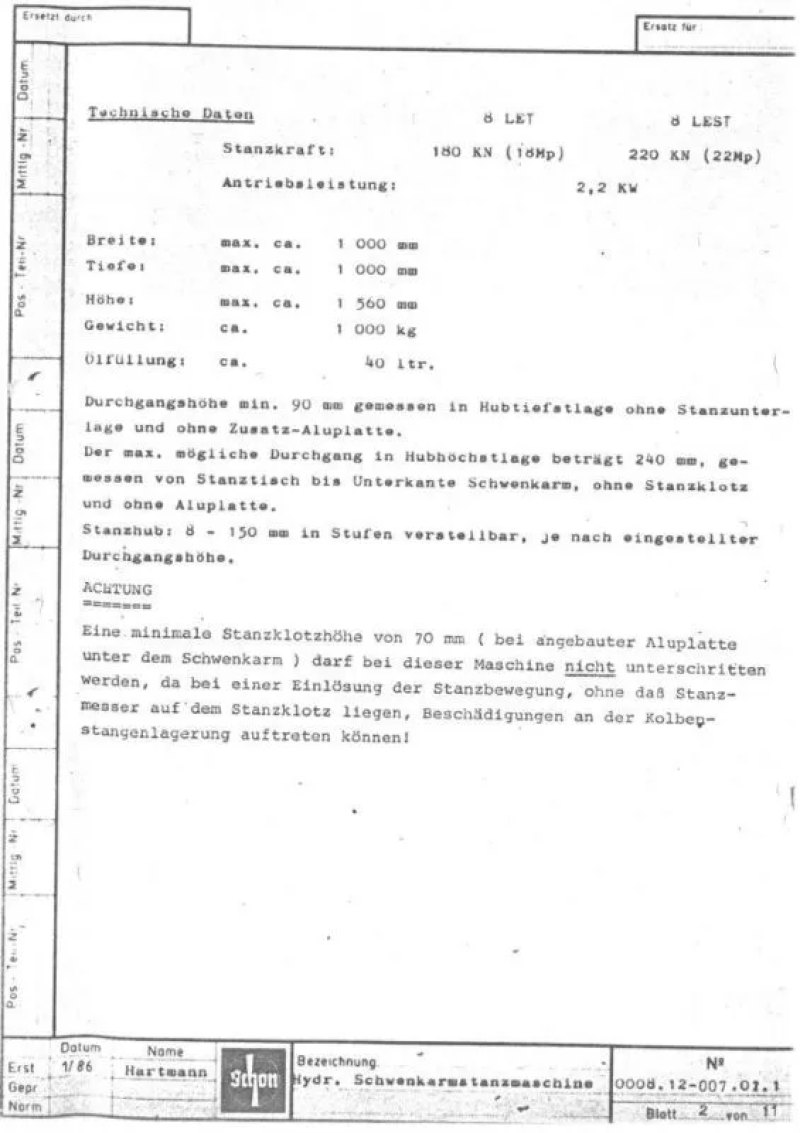 8 LET – Schwenkarmstanze SCHÖN, PIRMASENS 1986