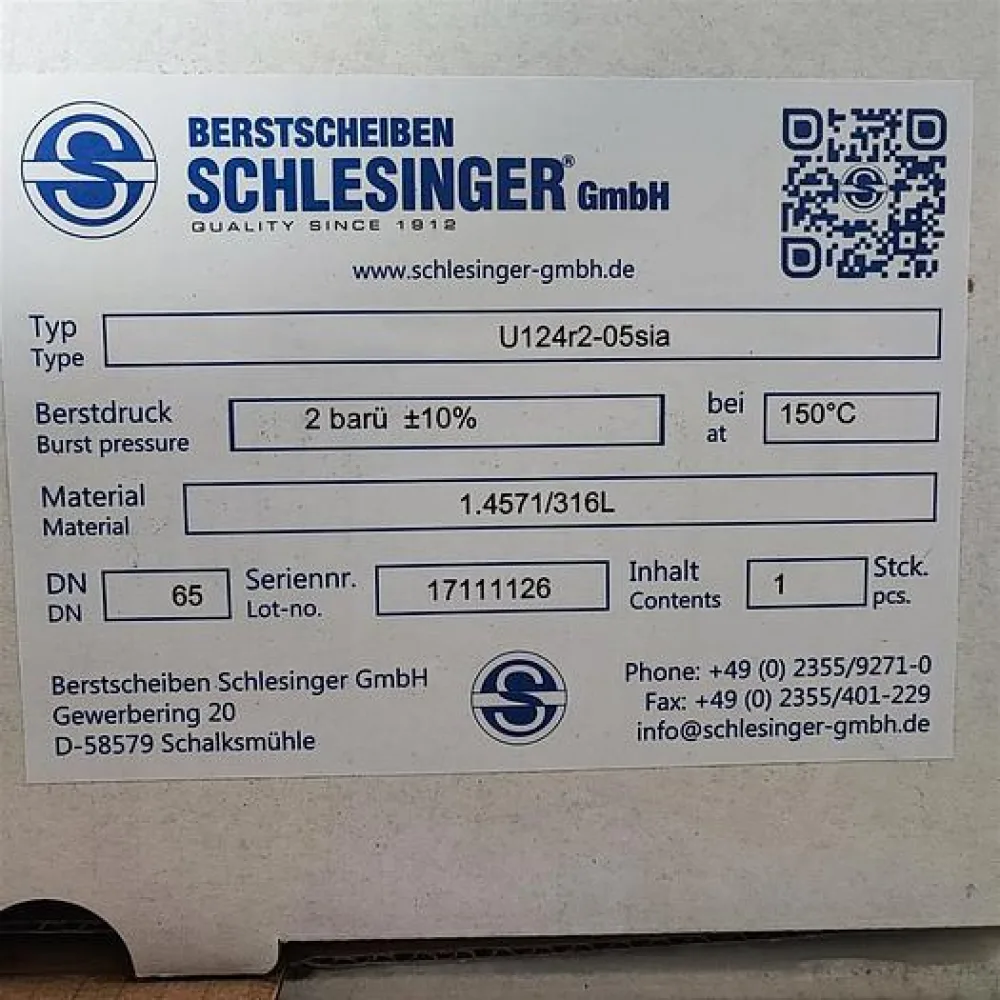 SCHLESINGER Berstscheiben U124r2-05sia Berstdruck: 2 barü ±10% 1.4571/316L DN65