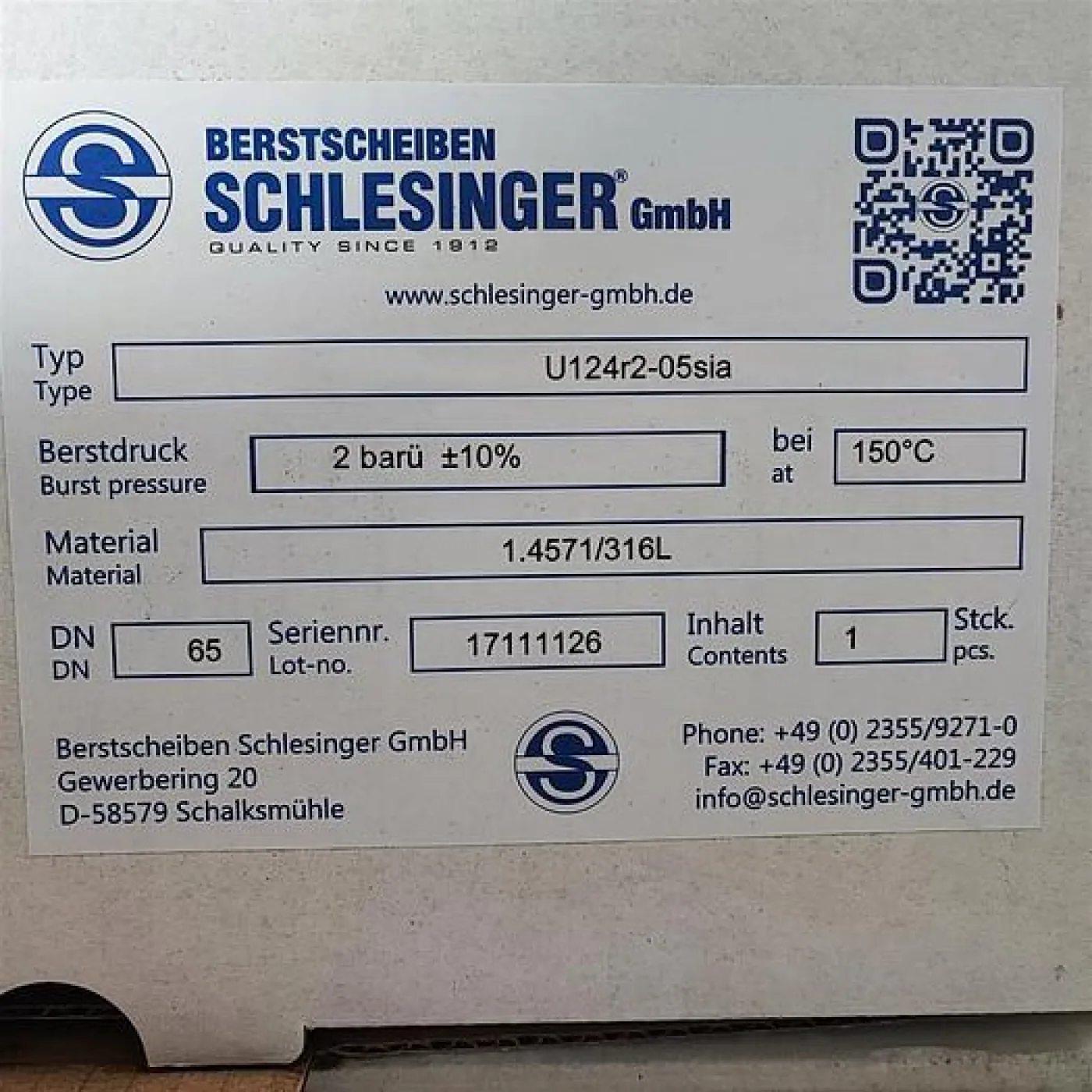 SCHLESINGER Berstscheiben U124r2-05sia Berstdruck: 2 barü ±10% 1.4571/316L DN65 - 1