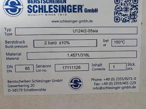 SCHLESINGER Berstscheiben U124r2-05sia Berstdruck: 2 barü ±10% 1.4571/316L DN65