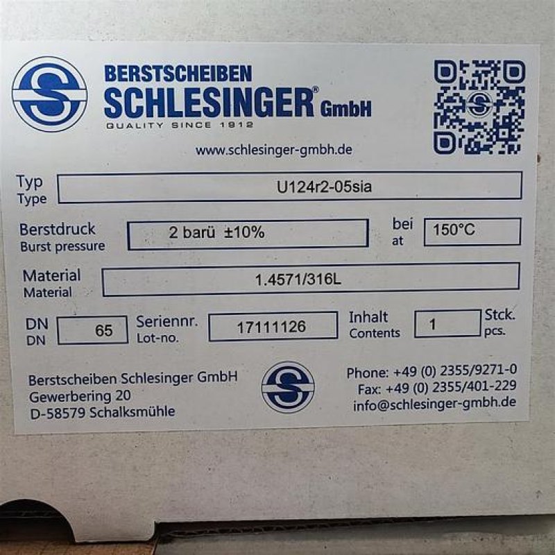 SCHLESINGER Berstscheiben U124r2-05sia Berstdruck: 2 barü ±10% 1.4571/316L DN65