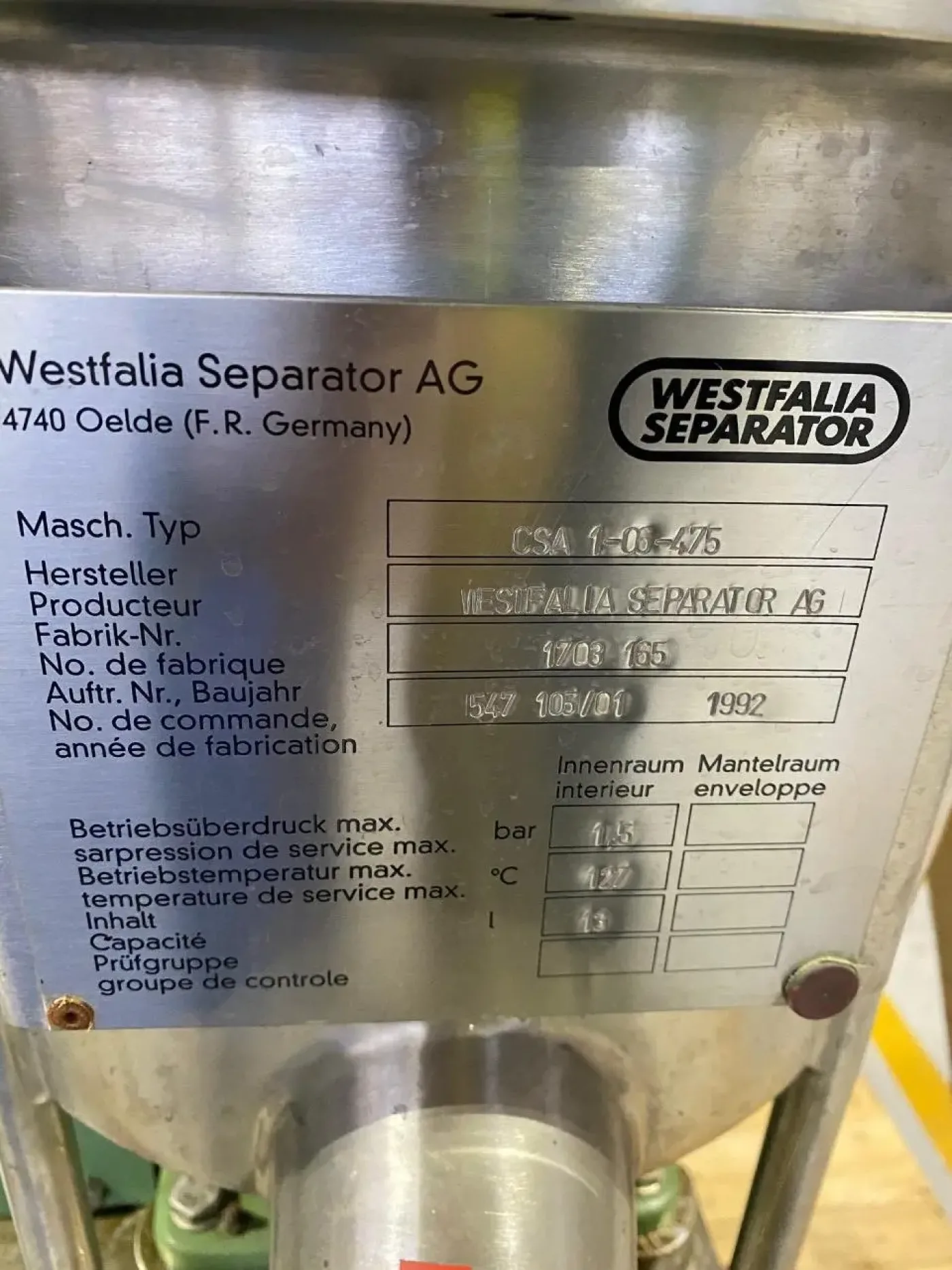 USED WESTFALIA CSA1-06-475 STAINLESS STEEL DISH CENTRIFUGE - 3