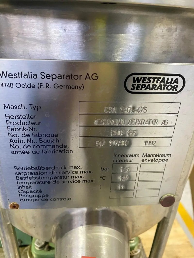 USED WESTFALIA CSA1-06-475 STAINLESS STEEL DISH CENTRIFUGE