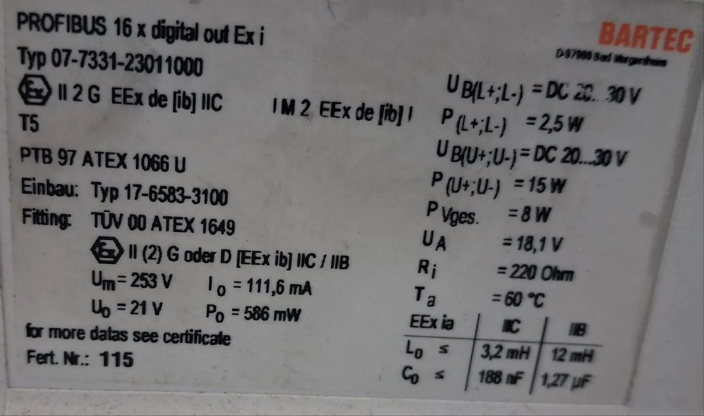 Bartec Modex PROFIBUS Modul mit DP-Adresse 23 digitales Ex-i Ausgangsmodul mit 16 Kanälen - 8