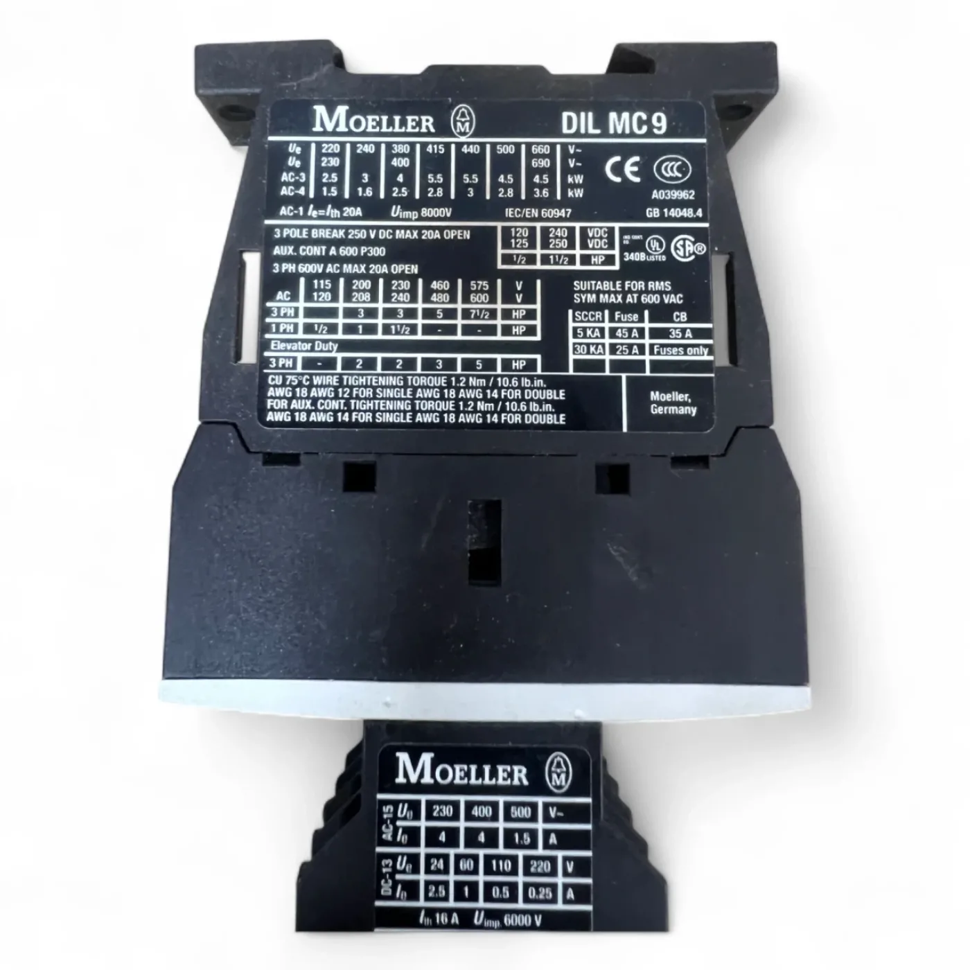 Moeller DIL MC9 Schütz + Hilfskontaktblock DIL A-XHIR11 (1709) – 3-polig, Spule 24 V DC z.b. Homag - 7
