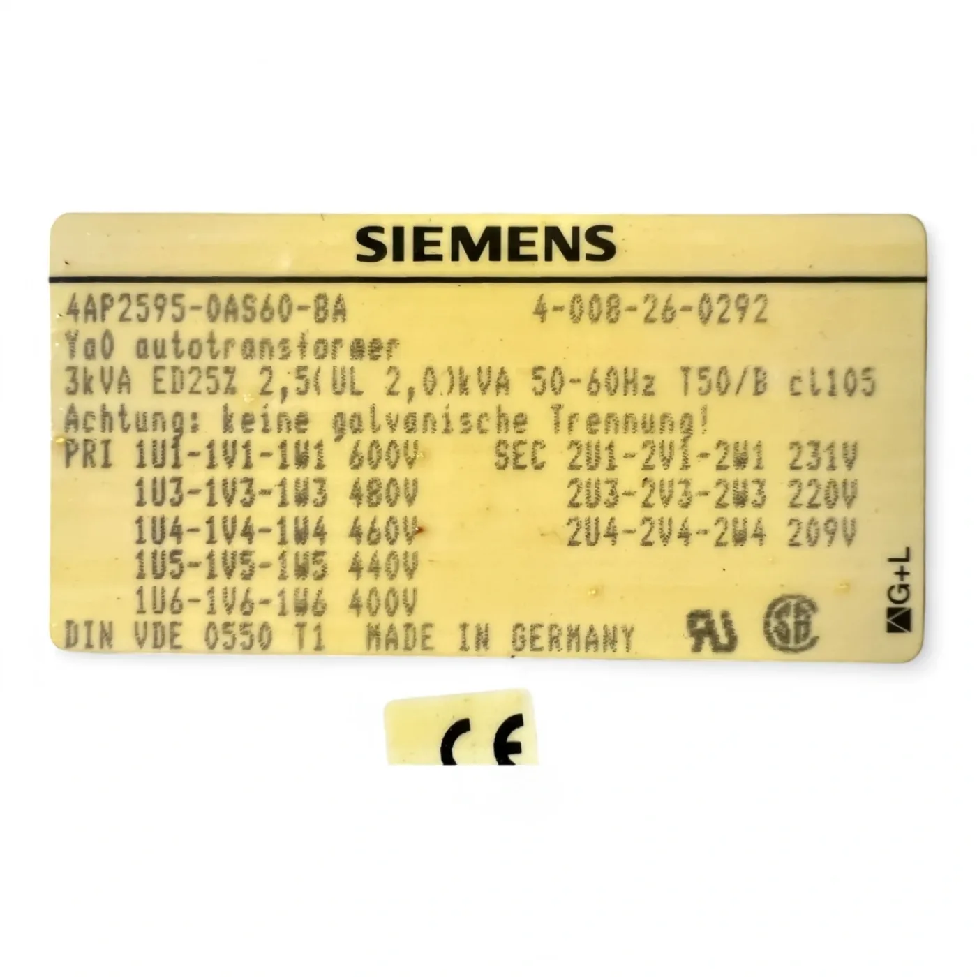 Siemens Autotransformator 4AP2595 0AS60 8A 3 kVA – 400 bis 600 V Eingang – 209 bis 231 V Ausgang - 4