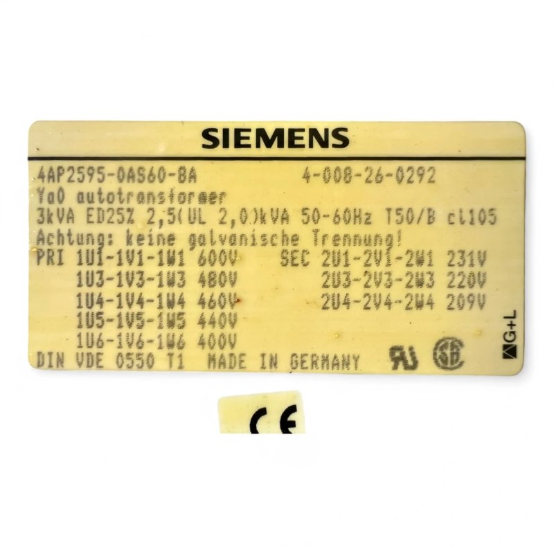 Siemens Autotransformator 4AP2595 0AS60 8A 3 kVA – 400 bis 600 V Eingang – 209 bis 231 V Ausgang