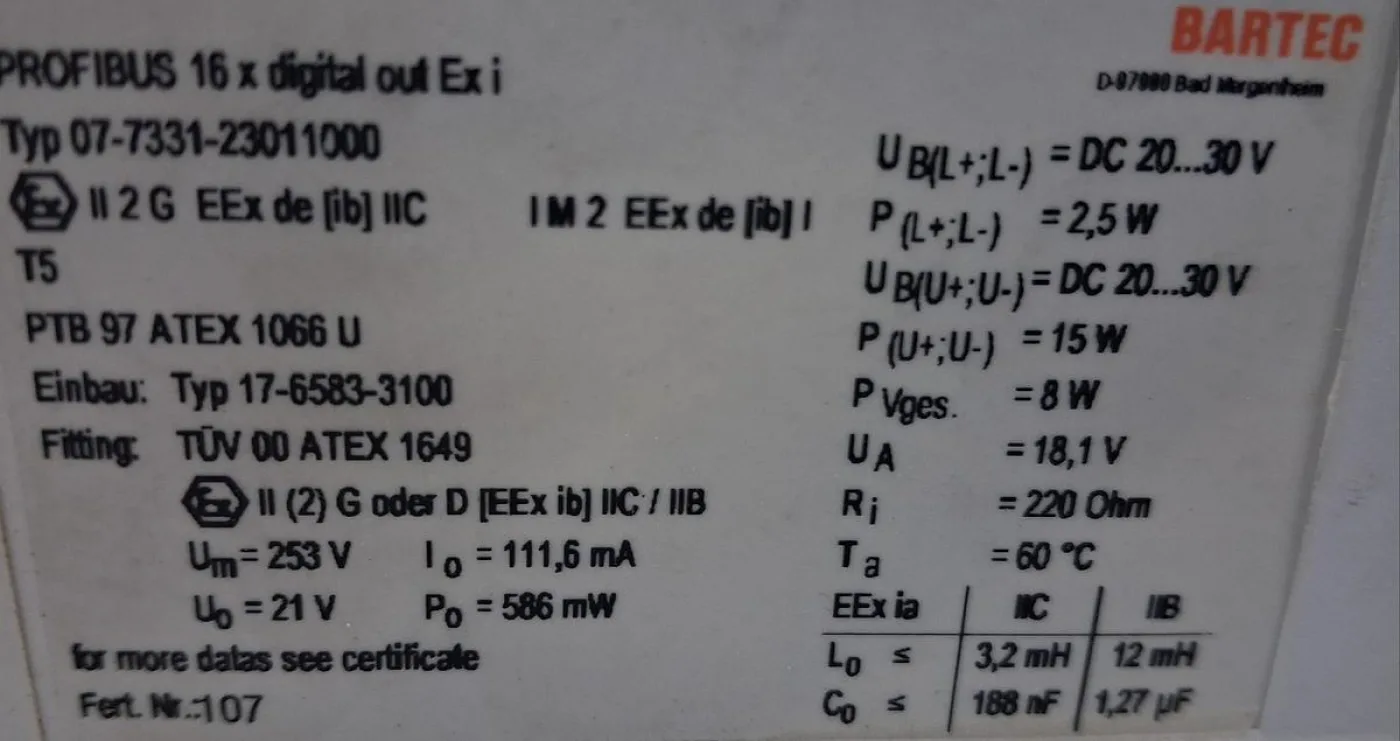 Bartec Modex PROFIBUS DP-Modul mit DP-Adresse 35 digitales Ex-i Ausgangsmodul - 8