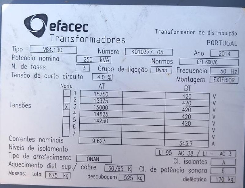 Transformador EFACEC 250 kva