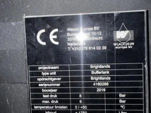 2019 Mac. pressure 6 Bar; Testing pressure * Bar ; Temperature 0 / 50 °C ; Volume 1750 Ltr Chilled water buffer vessel