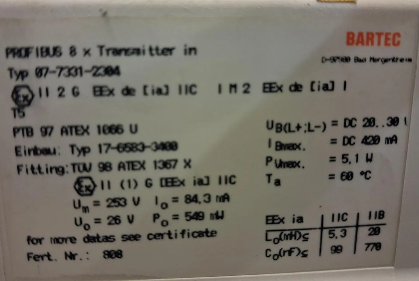 Bartec PROFIBUS DP-Modul / Ex-Transmitte - 7