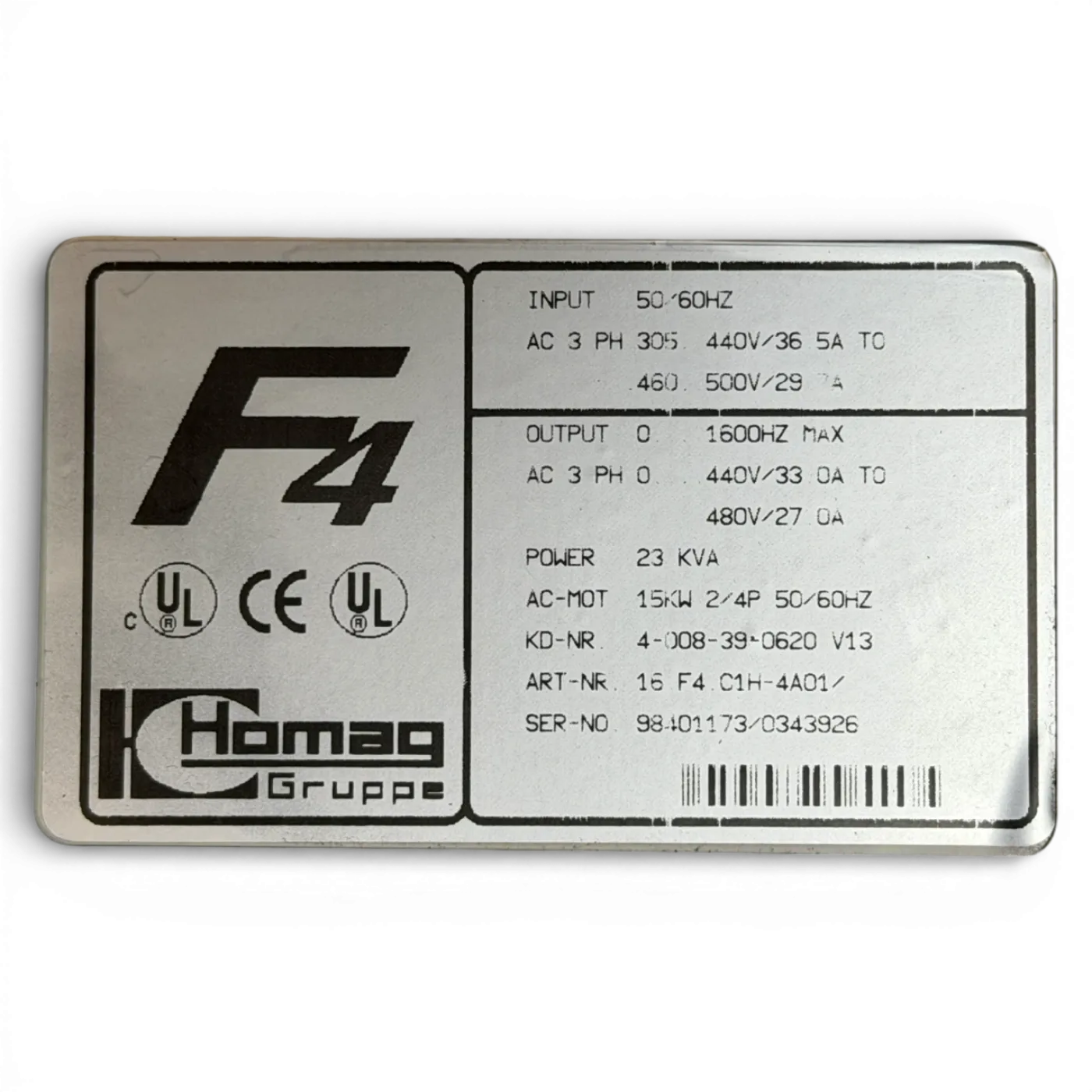 HOMAG KEB F4 C1H Frequenzumrichter 15 kW Art.-Nr. 16.F4.C1H-4A01 Homag Nr. 4-008-39-0620 - 8