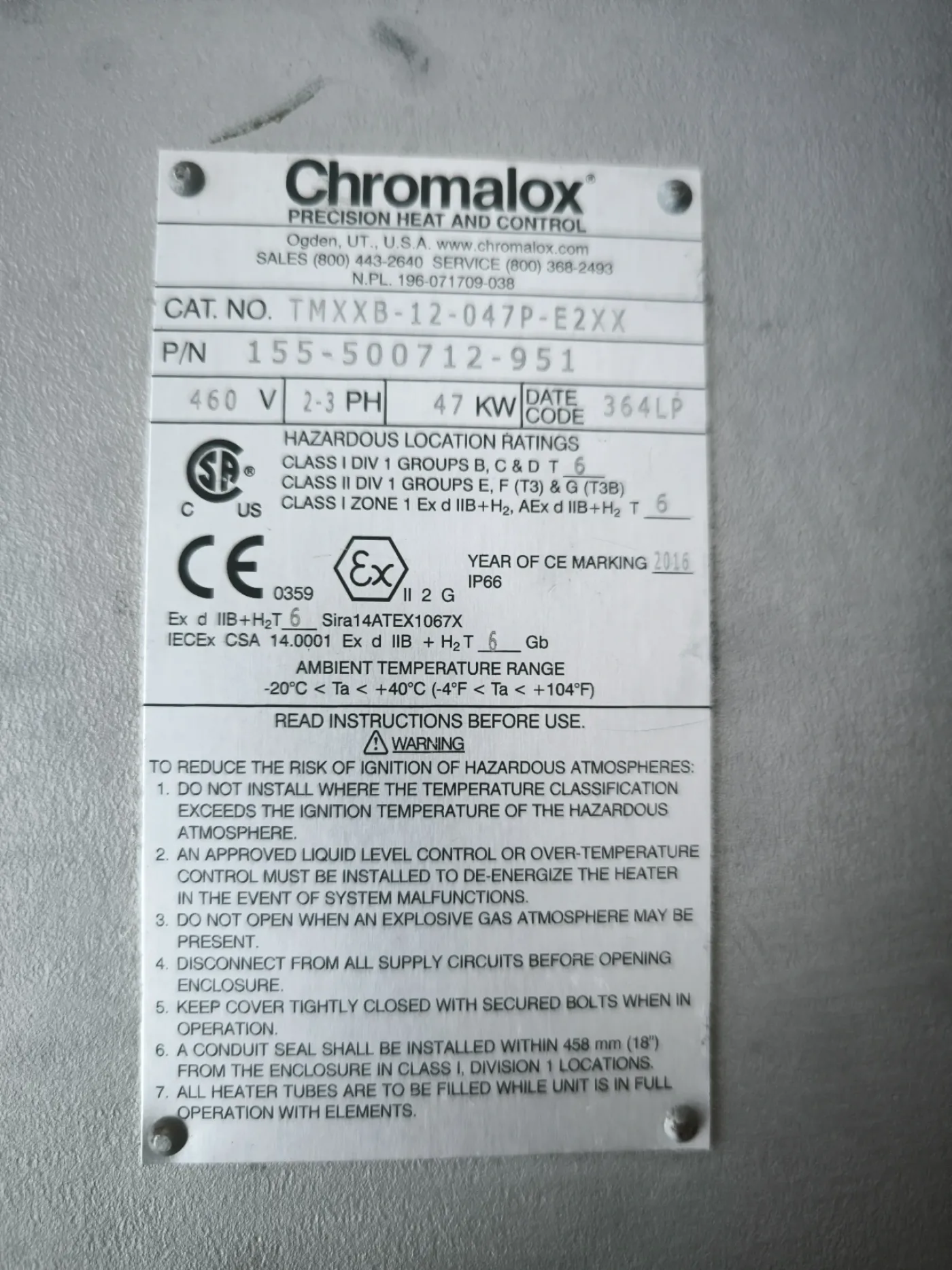 316L STAINLESS STEEL TUBULAR HEAT EXCHANGER CHROMALOX TMXXB-12-047P-E2XX ATEX, 3.3 M² - 6