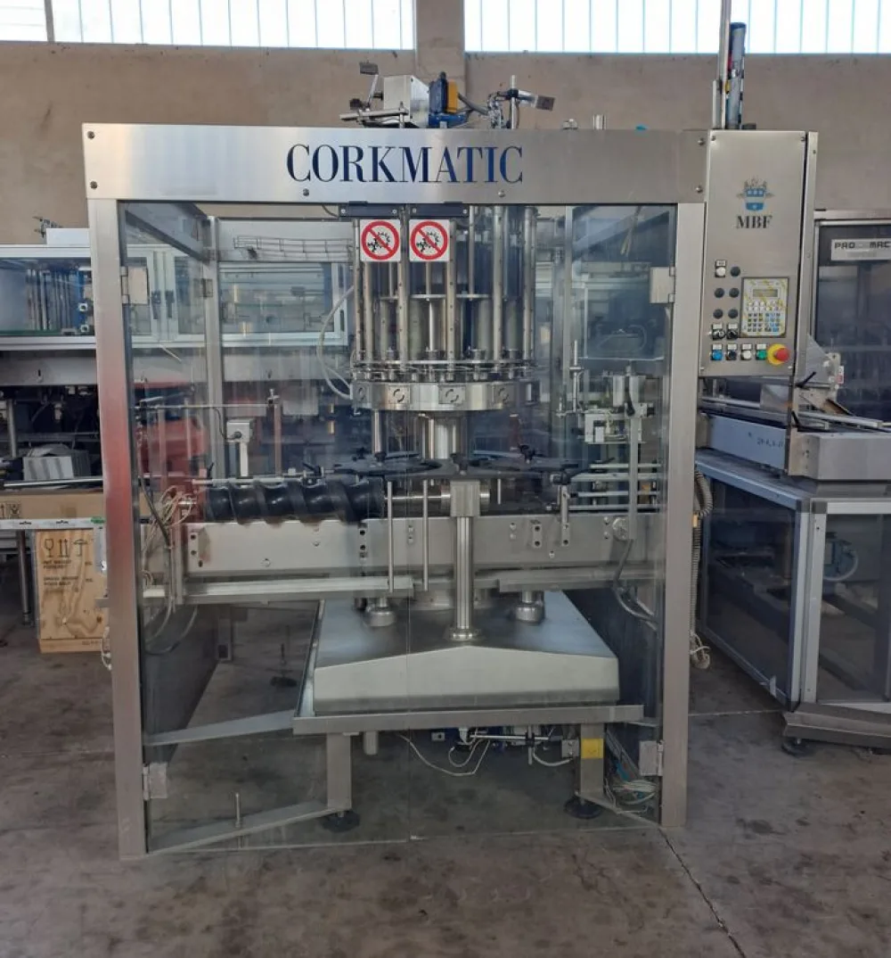 MBF 12-HEAD CORKING MACHINE FOR MUSHROOM AND NATURAL CORKS, MODEL CORKMATIC R/S, WITH NERI CAP FEEDER, USED MACHINE