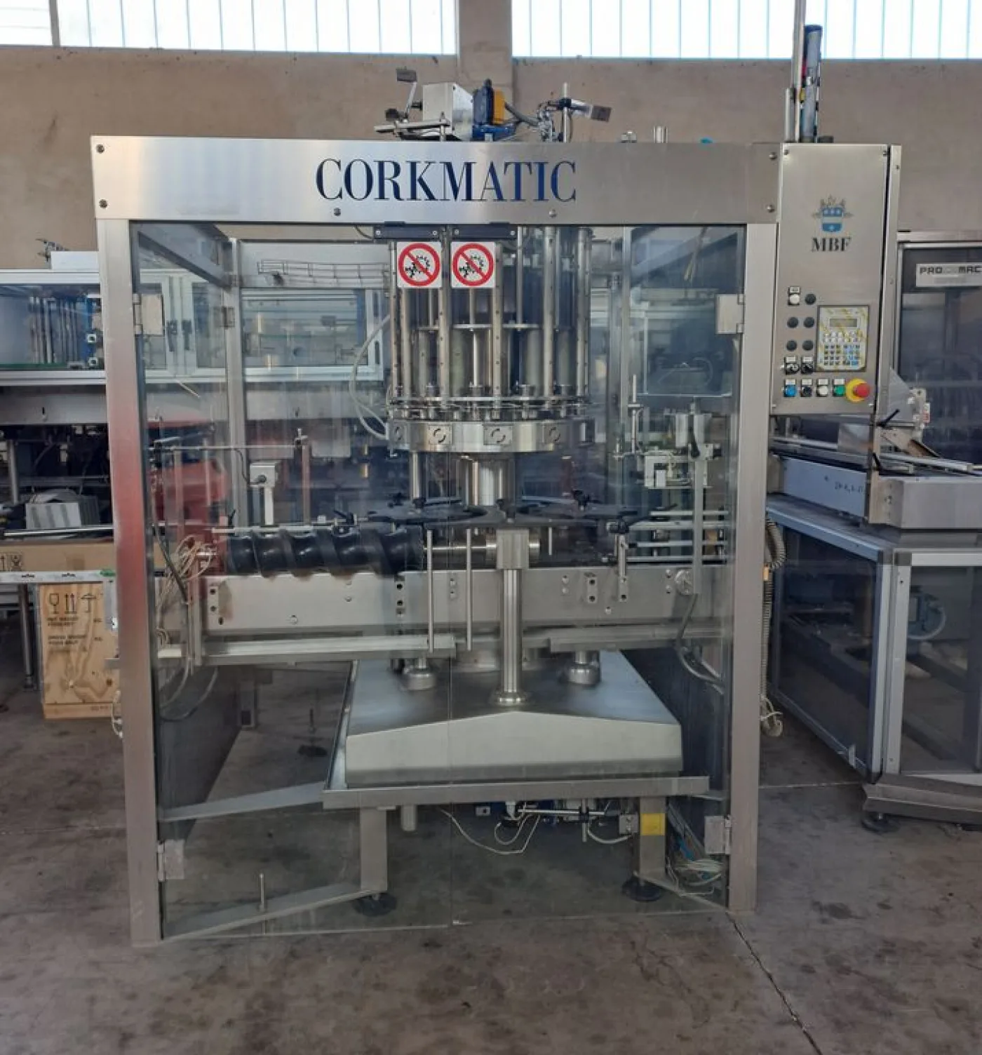 MBF 12-HEAD CORKING MACHINE FOR MUSHROOM AND NATURAL CORKS, MODEL CORKMATIC R/S, WITH NERI CAP FEEDER, USED MACHINE - 1