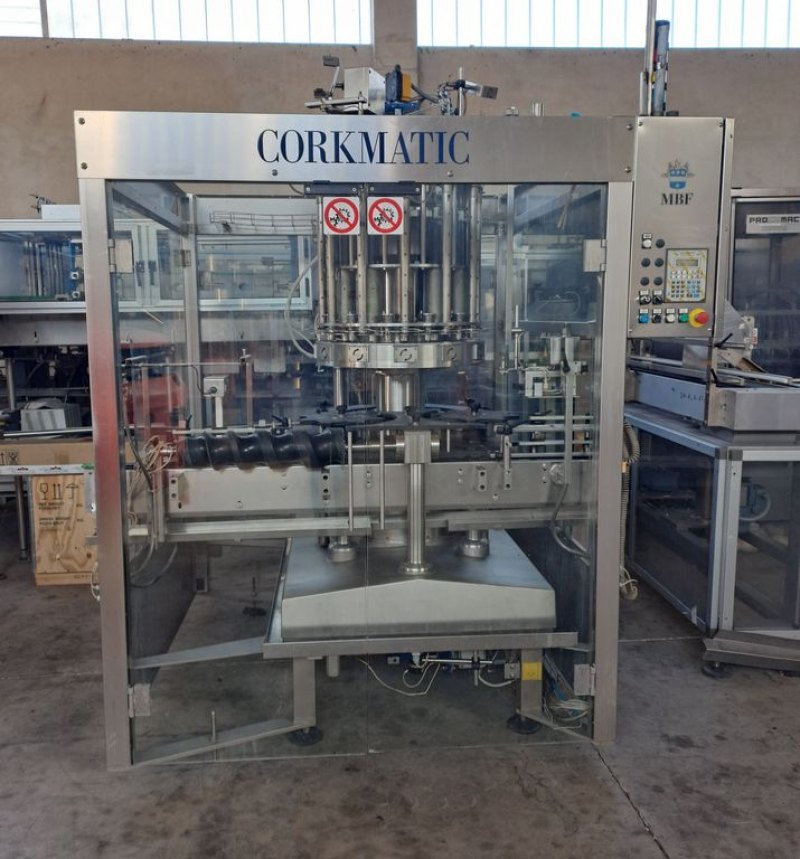 MBF 12-HEAD CORKING MACHINE FOR MUSHROOM AND NATURAL CORKS, MODEL CORKMATIC R/S, WITH NERI CAP FEEDER, USED MACHINE