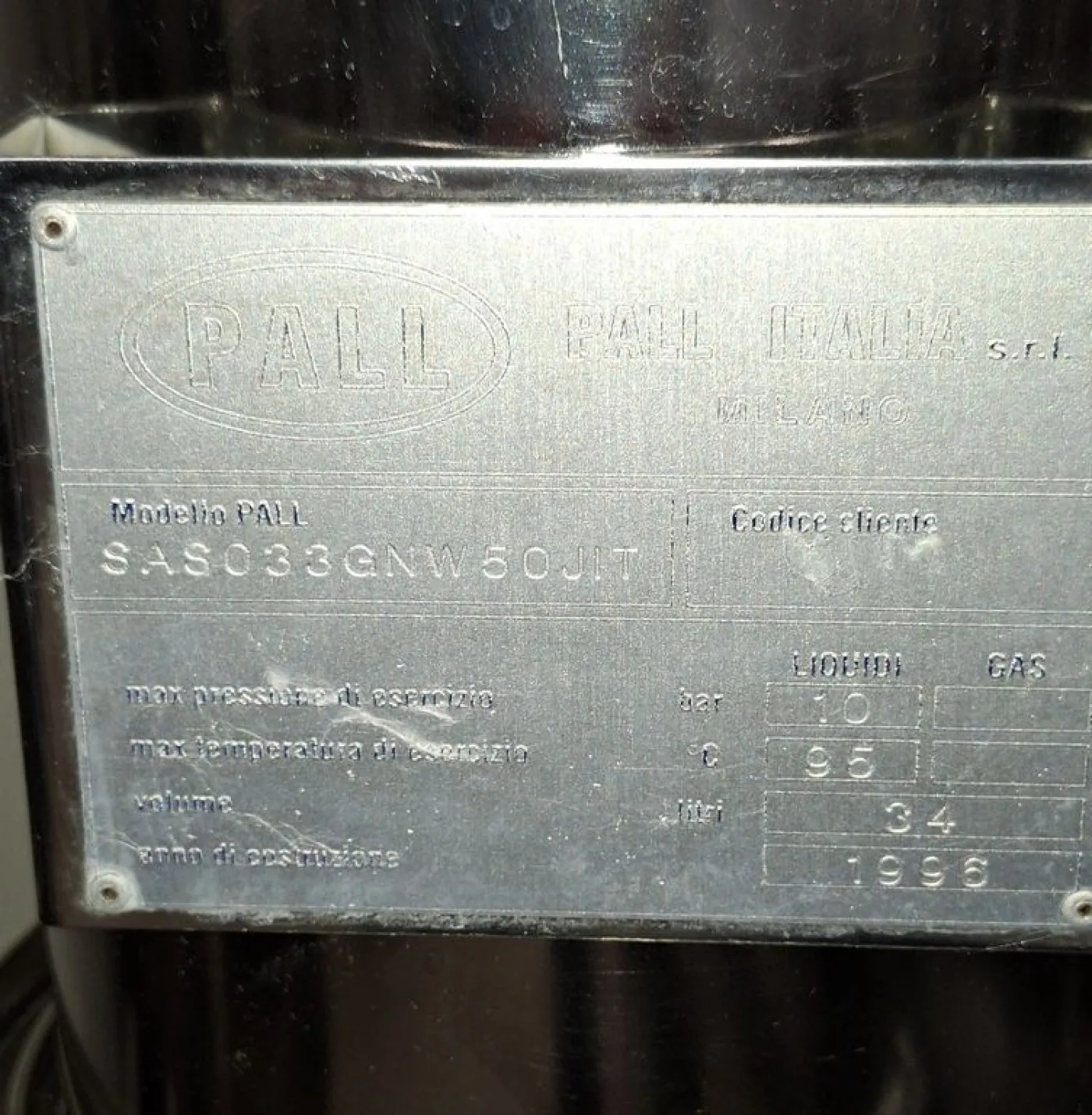 MICROFILTER/HOUSING IN STAILESS STEEL, FIRM PALL, THREE TRIPLE CARTRIDGES 30”, SECOND HAND MACHINE - 7