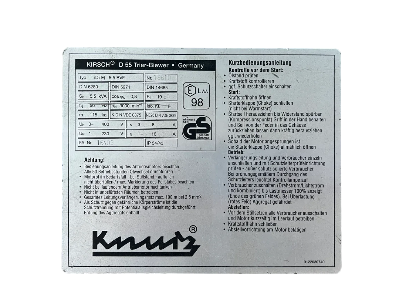 Kirsch Stromerzeuger Typ D(E) 5,5 BVF 5,5 kVA 400 V mit Briggs & Stratton Motor 7,8 kW Art.-Nr. 18810 - 7