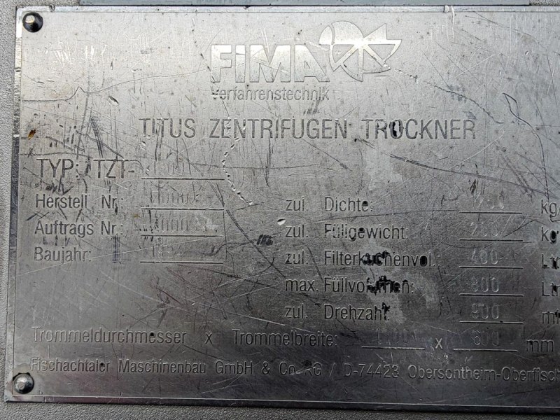 Fima Process Trockner TZT-1300 - centrifuge dryer - Basket centrifuge