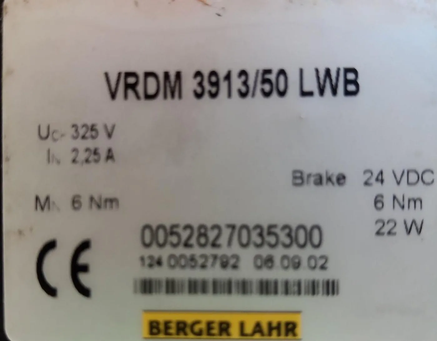 2002 Berger Servo Motor VRDM3913/50LWB - 2