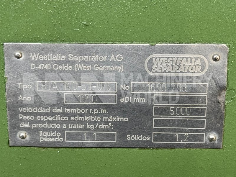 12,000 LPH Westfalia RTA 140-51-076 Solid Bowl Clarifier Centrifuge