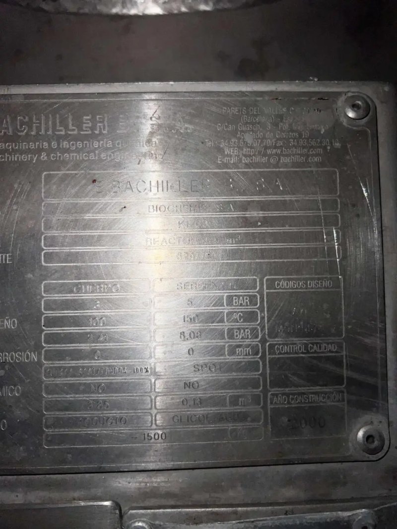 BACHILLER ATEX STAINLESS STEEL REACTOR 316L 3,850 LITERS WITH AGITATION AND USED HALF ROD