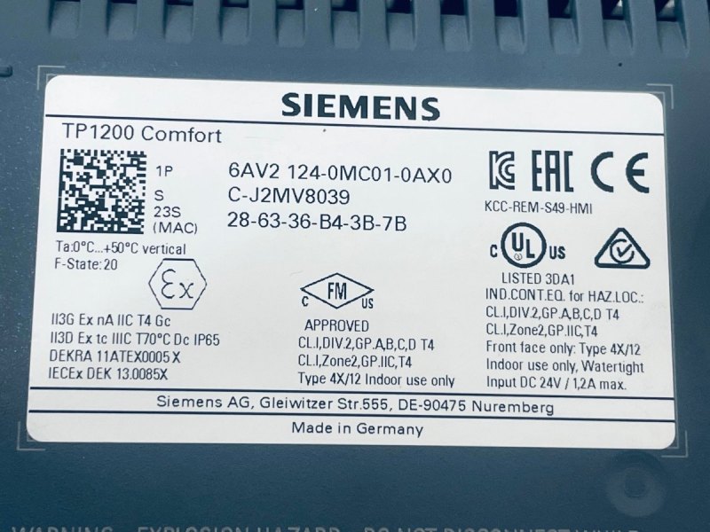 Siemens SIMATIC HMI TP 1200 Comfort 6AV2 124-0MC01-0AX0 C-J2MV8039