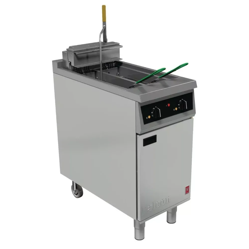 Falcon 400 Series Twin Pan Twin Basket Electric Fryer with Single Filtration & Fryer Angel - islandcatering