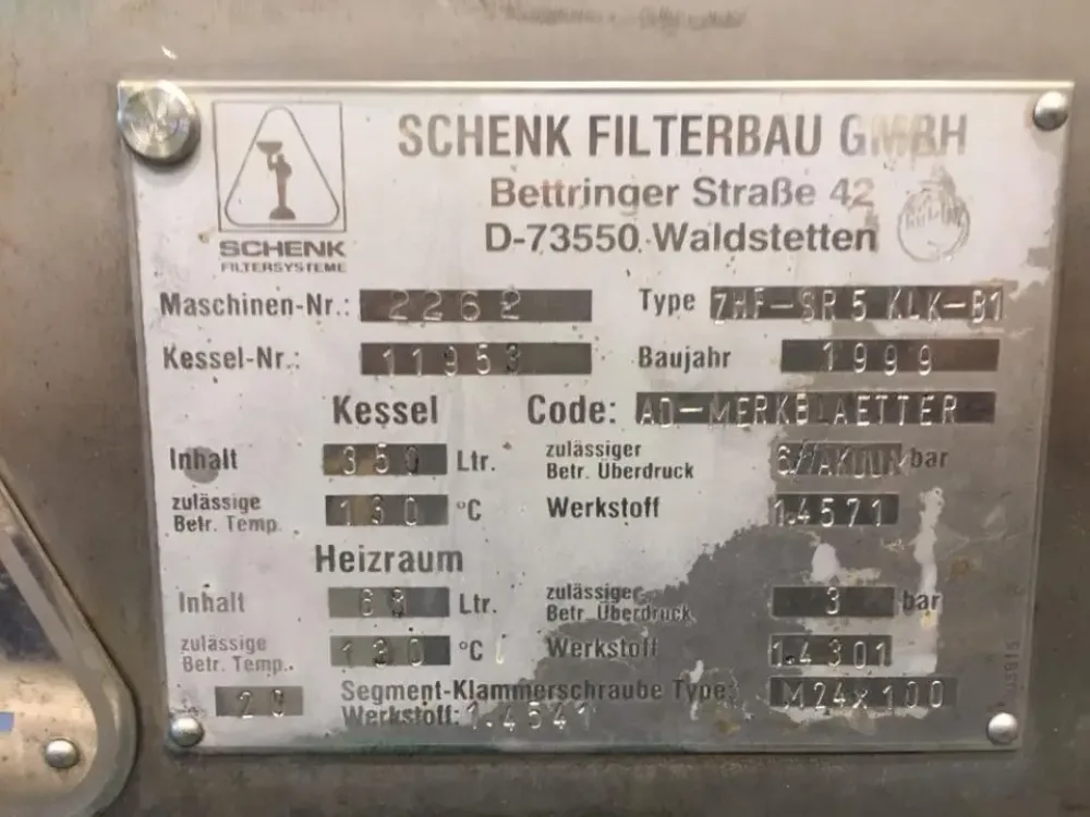 USED SCHENK STAINLESS STEEL PLATE FILTER 350 LITERS