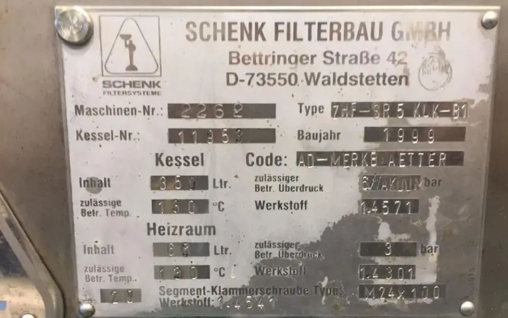 USED SCHENK STAINLESS STEEL PLATE FILTER 350 LITERS