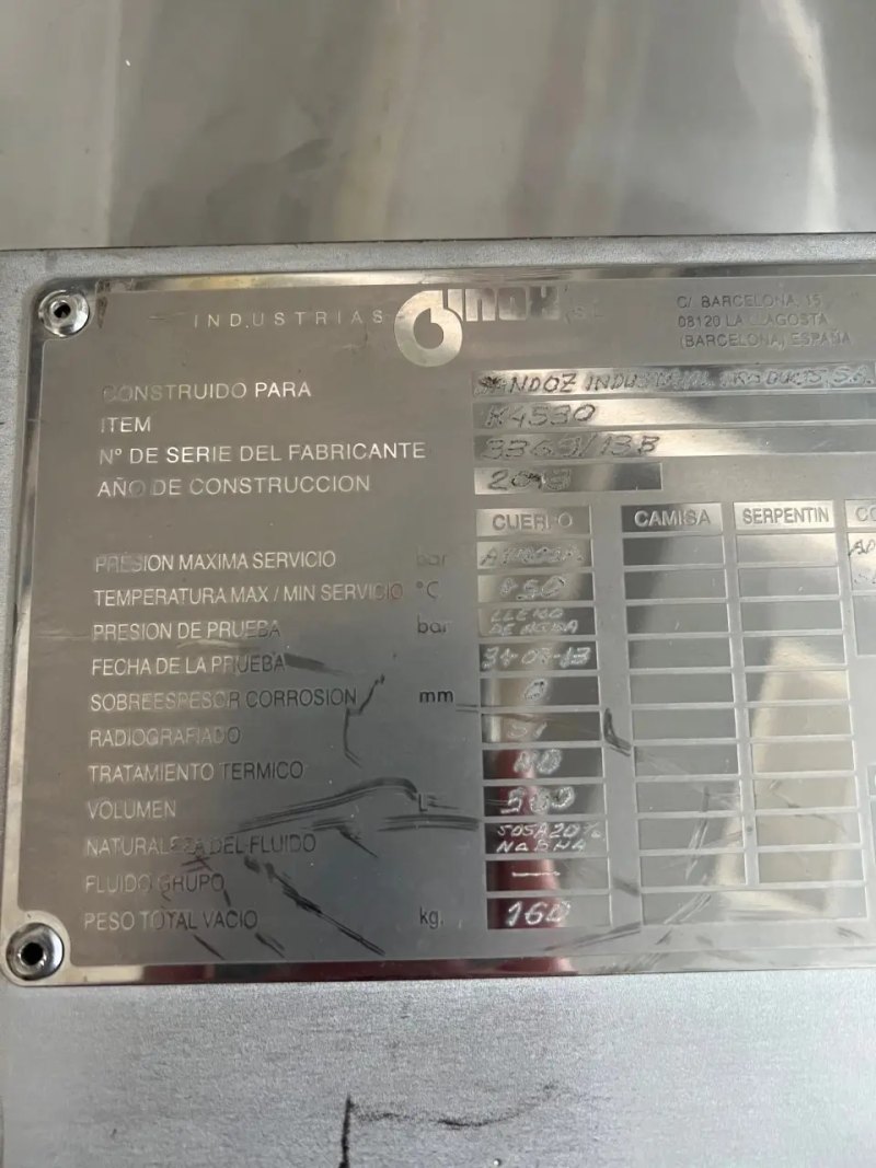 USED GINOX STAINLESS STEEL REACTOR 500 LITERS
